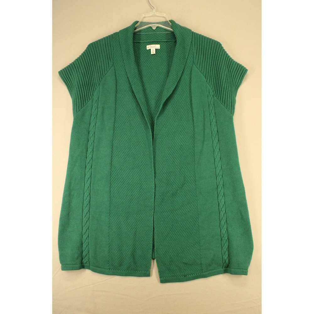 Kim Rogers Sweater Vest XL Green Cotton Blend Cable Knit Shawl Collar Preppy
